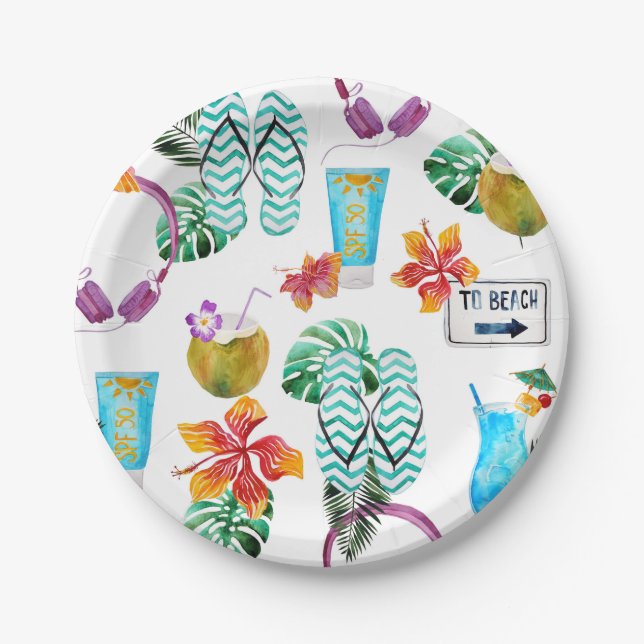 Modern Watercolor Tropical Beach Pattern Paper Plates (Front)