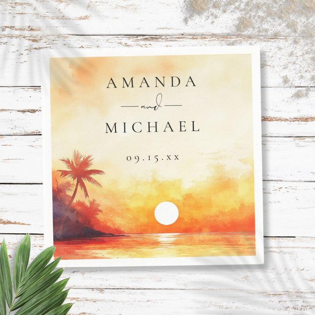 Modern Watercolor Tropical Beach Sunset Wedding Napkins (Modern Watercolor Tropical Beach Sunset Wedding Napkins)