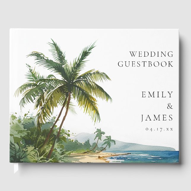 Modern Watercolor Tropical Beach Wedding Guest Book (Front)