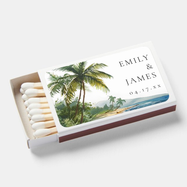Modern Watercolor Tropical Beach Wedding Matchboxes (Front Open)