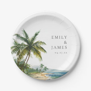 Modern Watercolor Tropical Beach Wedding Paper Plates
