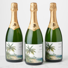 Modern Watercolor Tropical Beach Wedding Sparkling Wine Label