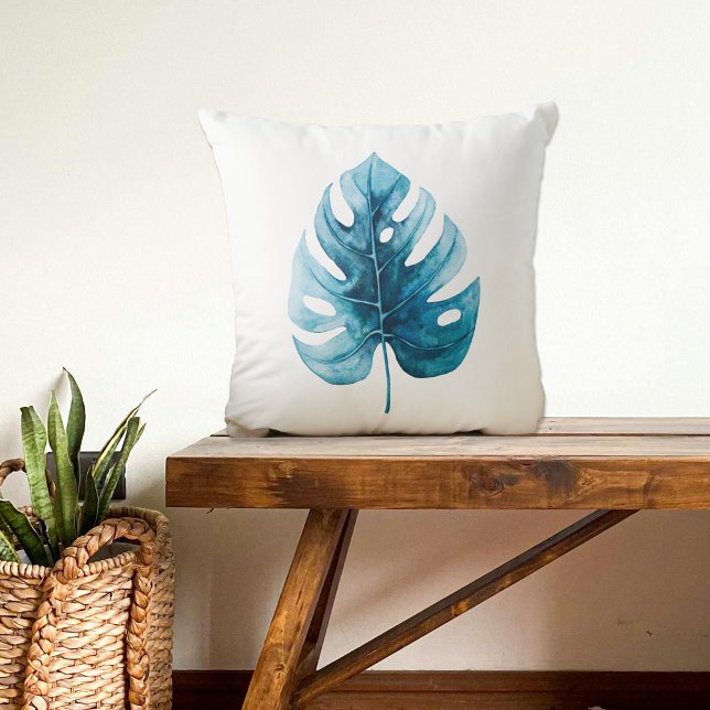 Modern Watercolor Tropical Blue Monstera Leaf Throw Pillow (Creator Uploaded)