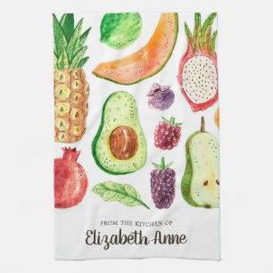 Modern Watercolor Tropical Fruits Food Script Name Kitchen Towel