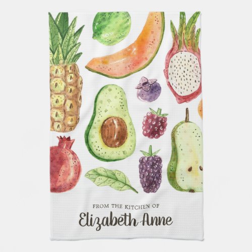 Modern Watercolor Tropical Fruits Food Script Name Kitchen Towel
