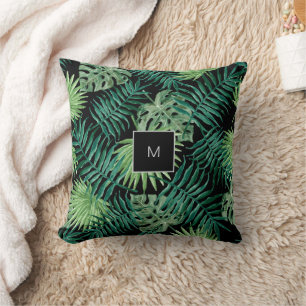 Modern watercolor tropical leaves family monogram throw pillow