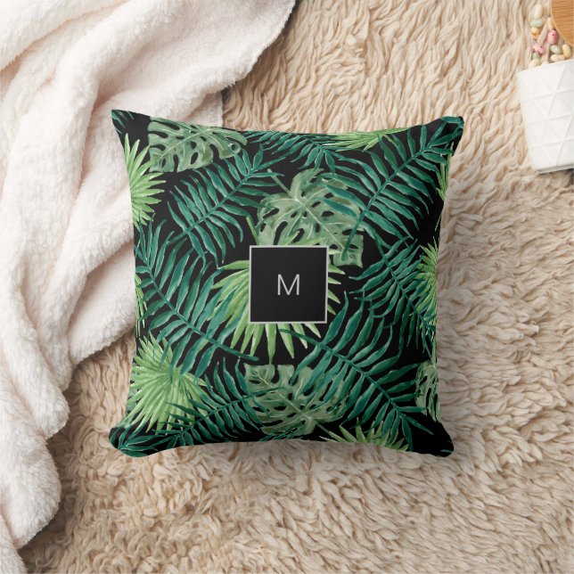 Modern watercolor tropical leaves family monogram throw pillow (Blanket)