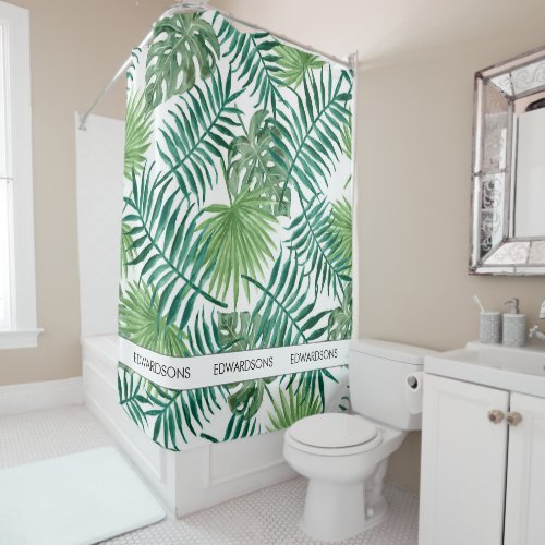 Modern watercolor tropical leaves family name shower curtain