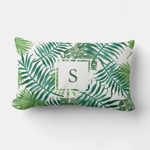 Modern watercolor tropical leaves monogram lumbar pillow