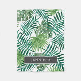 Modern watercolor tropical leaves monogram name fleece blanket