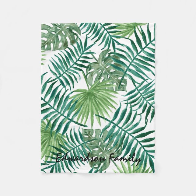 Modern watercolor tropical leaves monogram name fleece blanket (Front)