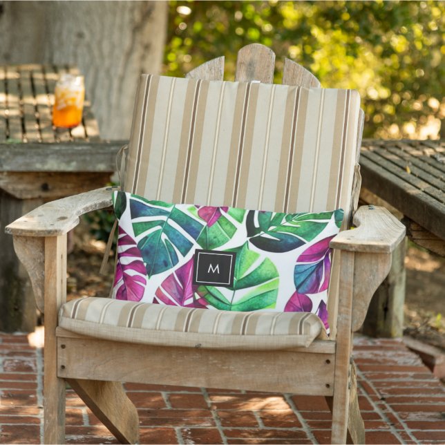 Modern watercolor tropical leaves monogrammed lumbar pillow (Chair)