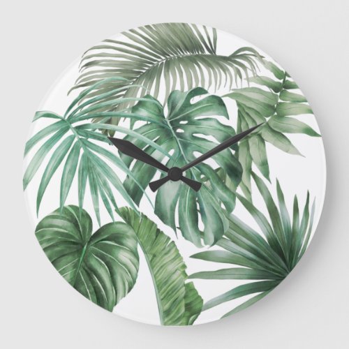 Modern Watercolor Tropical Leaves Monstera Large Clock