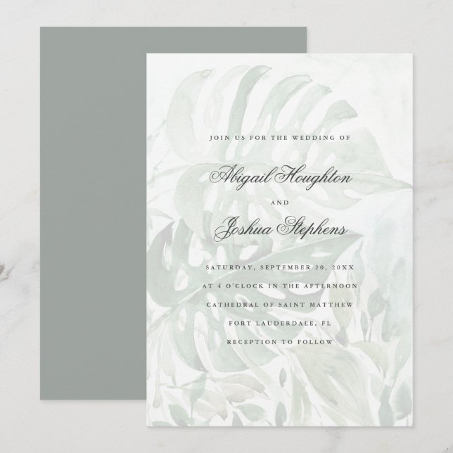 Modern Watercolor Tropical Monstera Leaves Wedding Invitation (Front/Back)