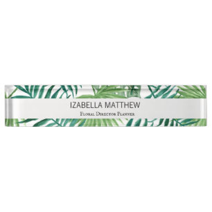 Modern Watercolor Tropical Palm Tree Greenery Desk Name Plate