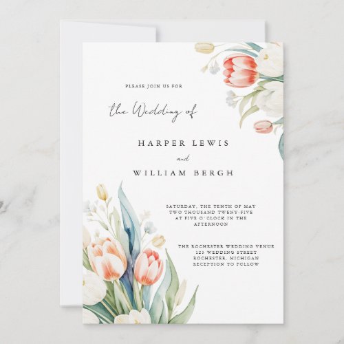 Modern watercolor tulips qr code wedding invitation