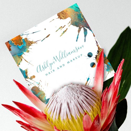 Modern watercolor turquoise gold orange splatter square business card