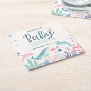 Modern Watercolor Under the Sea Baby Shower Square Paper Coaster