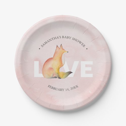 Modern Watercolor Valentines Day Fox Paper Plates