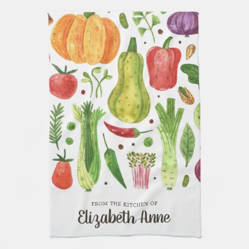 Modern Watercolor Vegetables Veggies Script Name Kitchen Towel