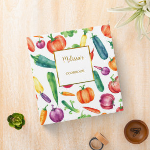 Modern watercolor vegetables white gold cookbook 3 ring binder