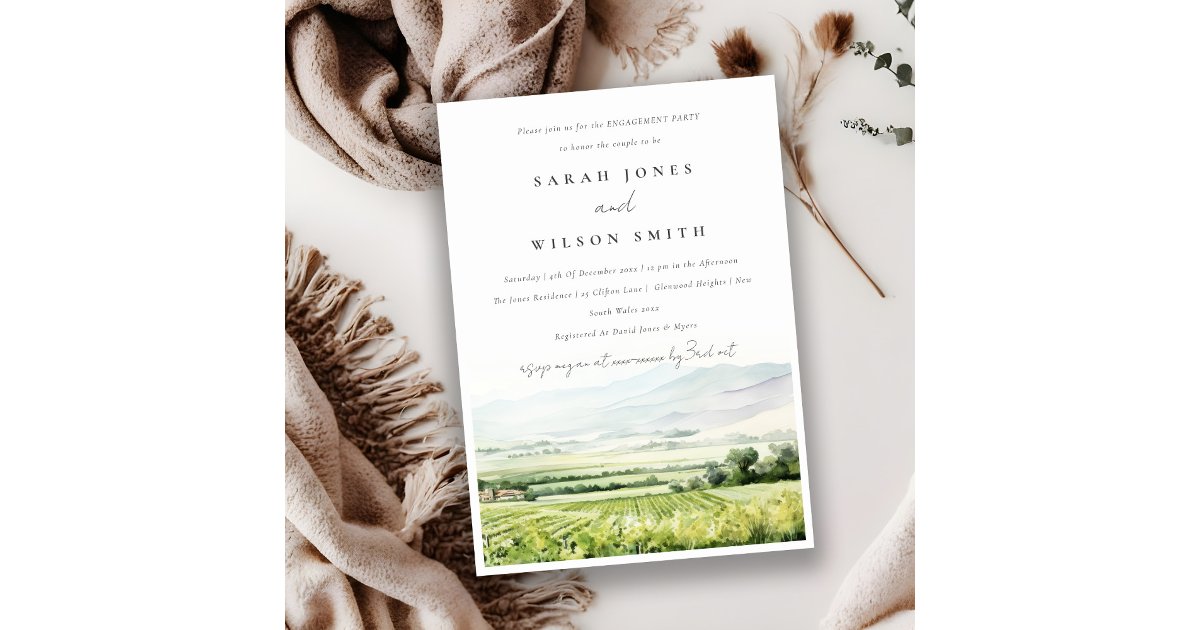Modern Watercolor Vineyard Landscape Engagement Invitation | Zazzle