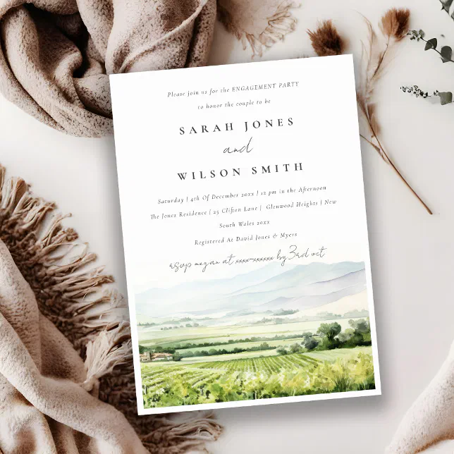 Modern Watercolor Vineyard Landscape Engagement Invitation | Zazzle