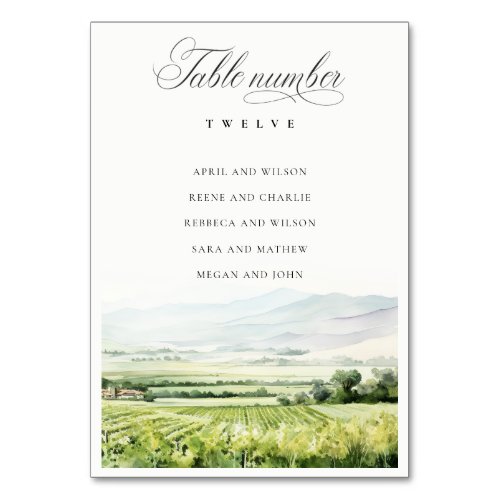 Modern Watercolor Vineyard Landscape Seating Chart Table Number