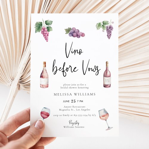 Modern Watercolor Vino Before Vows Bridal Shower  Invitation