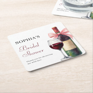 Modern Watercolor Vino Before Vows Bridal Shower Square Paper Coaster