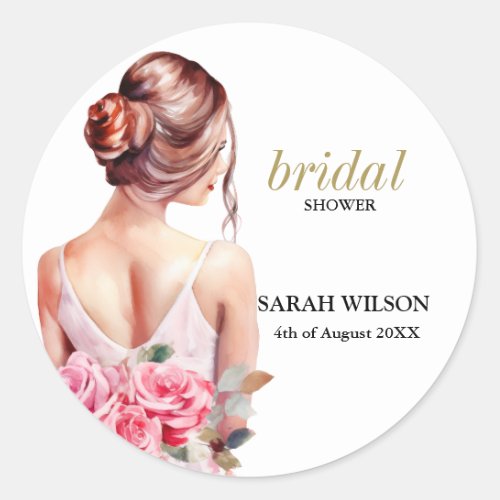  Modern Watercolor Wedding Gown Bridal Shower  Classic Round Sticker