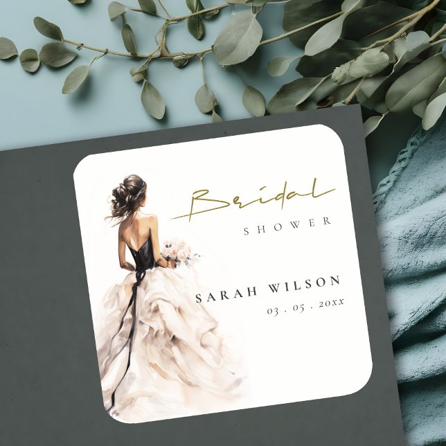 Modern Watercolor Wedding Gown Bridal Shower Square Sticker (Creator Uploaded)