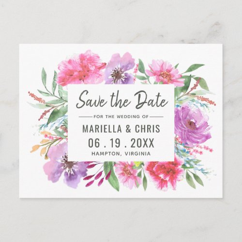 Modern Watercolor Wedding Save the Date with Photo Announcement Postcard