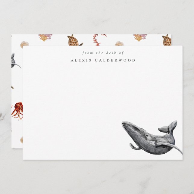 Modern Watercolor Whale Personalized Note Card (Front/Back)