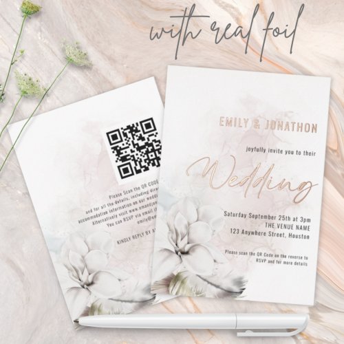 Modern Watercolor White Florals QR Code Wedding Foil Invitation
