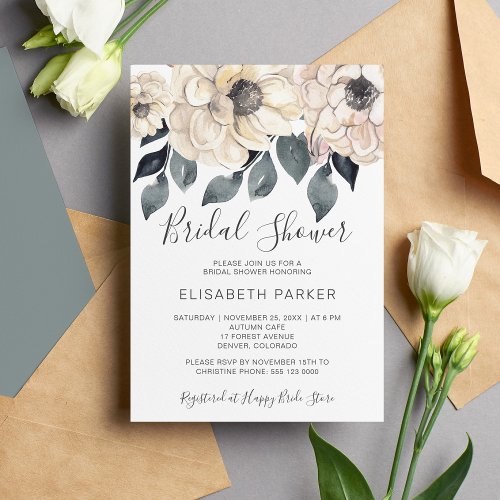Modern watercolor white flowers bridal shower invitation