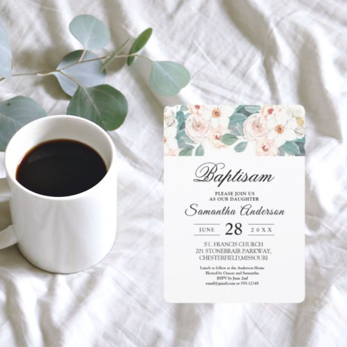 Modern Watercolor White Flowers  Green Leaves  Invitation