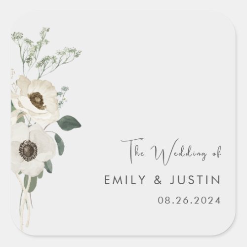 Modern Watercolor White Flowers Wedding  Square Sticker