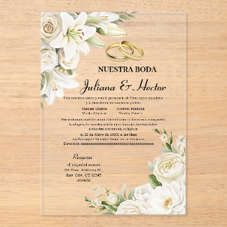 Modern Watercolor White Gold Floral Wedding Acrylic Invitations