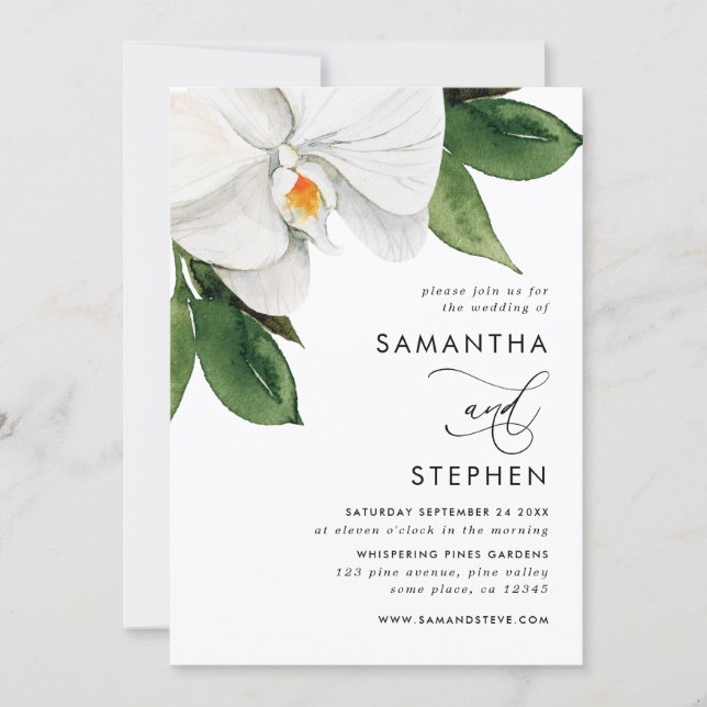 Modern Watercolor White Orchid Wedding Invitation (Front)