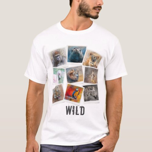 Modern Watercolor Wild Animal Photo Frame Collage T_Shirt
