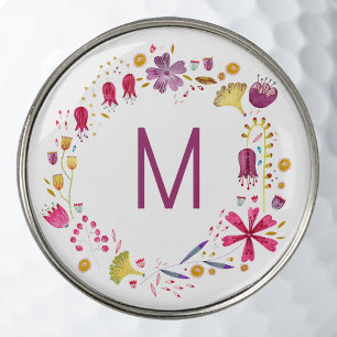 Modern Watercolor Wild Flower Monogram Golf Ball Marker