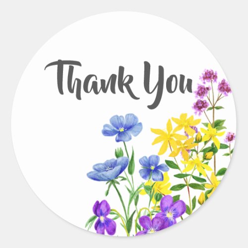 Modern Watercolor Wild Flowers Thank You Classic Round Sticker