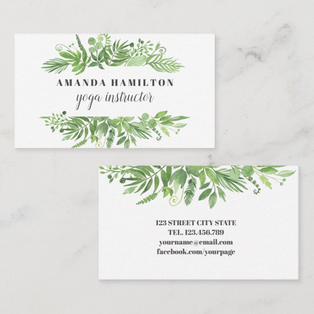 Modern Watercolor wild meadow green foliage Business Card (Front/Back)