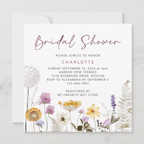 Modern Watercolor Wildflower Bridal Shower Invitation