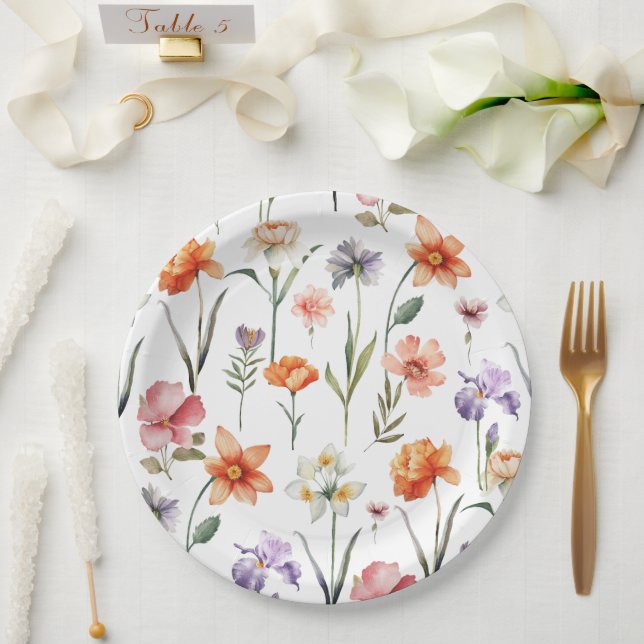 Modern Watercolor Wildflower Floral Pattern Paper Plates (Wedding)