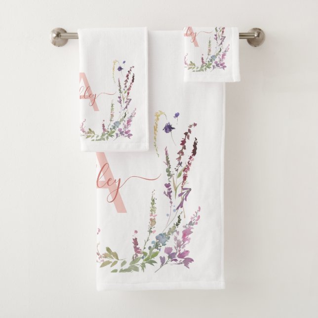 Modern Watercolor Wildflower Initial Monogram Bath Towel Set (Insitu)