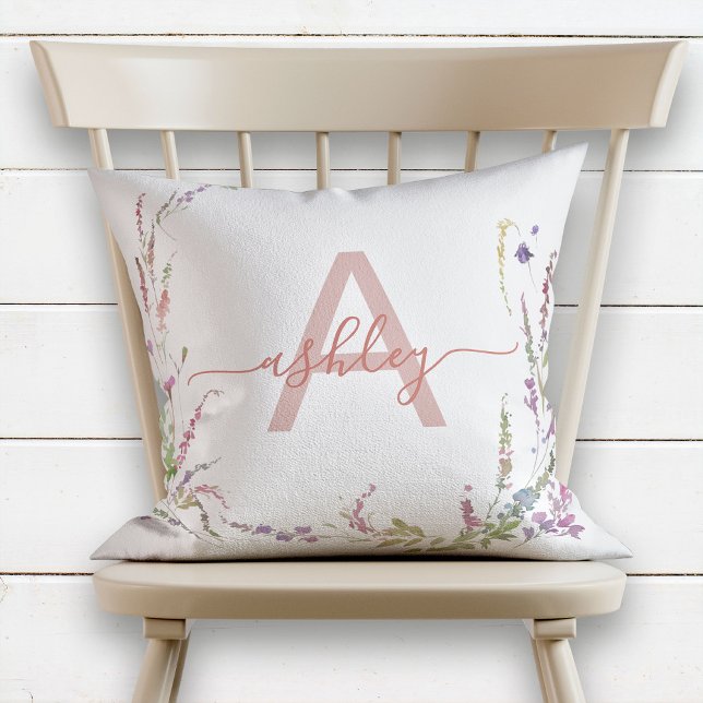 Modern Watercolor Wildflower Initial Monogram Throw Pillow (Creator Uploaded)