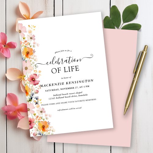 Modern Watercolor Wildflowers Celebration of Life Invitation