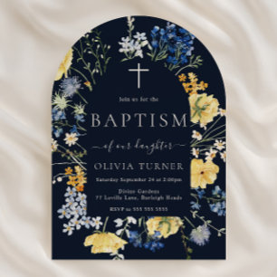 Modern Watercolor Wildflowers Deep Navy Baptism Invitation
